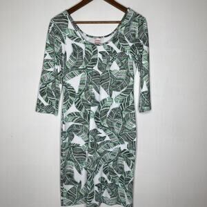 Persifor Dress Womens Small Green Leaf Print White 3/4 Sleeve Stretch Made USA